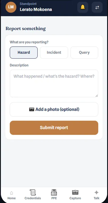Standpoint worker app on a phone: report a hazard, incident or query, with Home, Credentials, PPE, Capture and Talk navigation