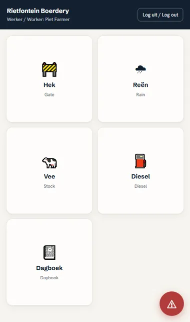 Standpoint Agri worker app on a phone, showing Gate, Rain, Stock, Diesel and Daybook tiles